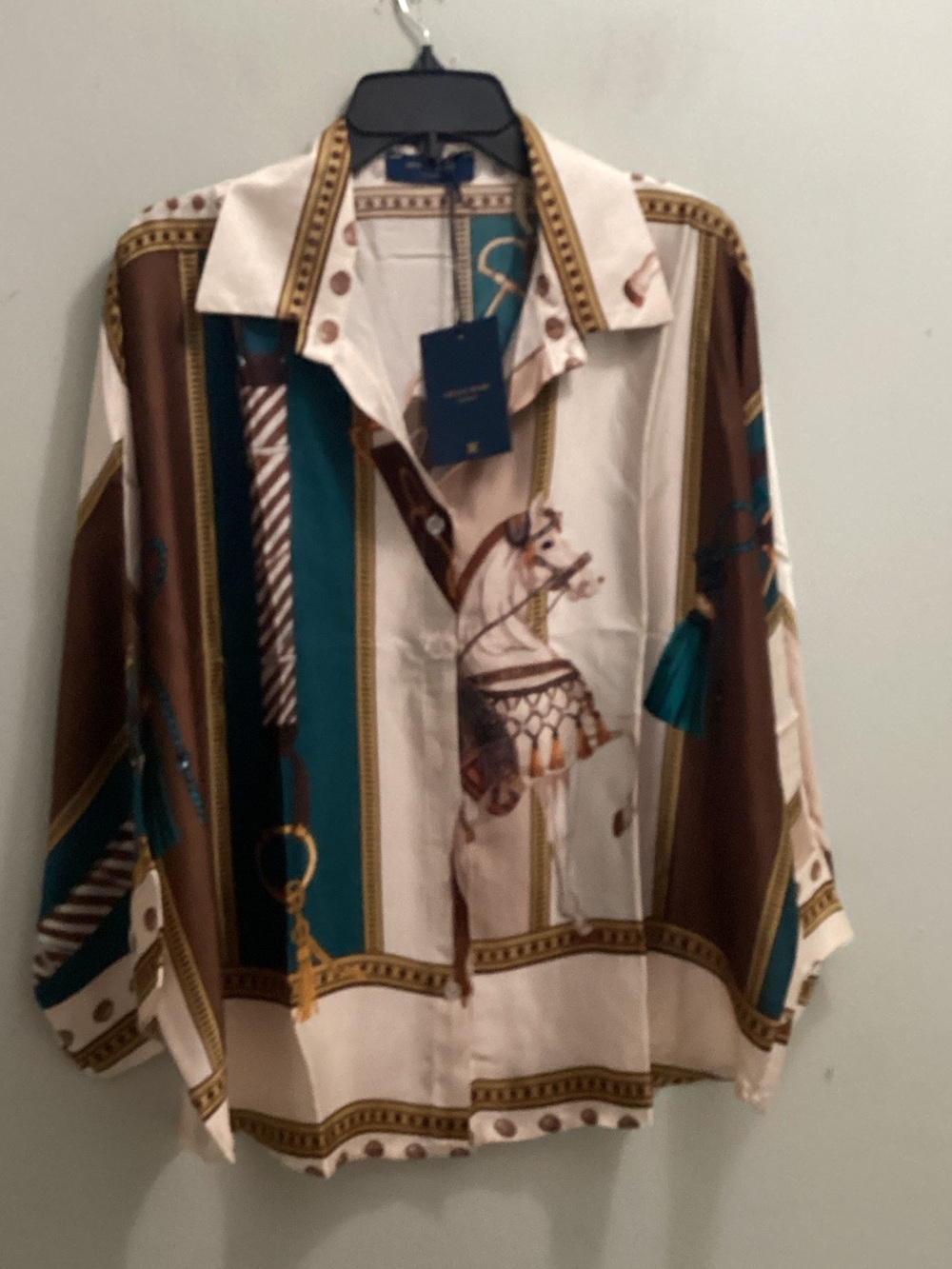 Made in Italy Cream, Brown & Teal Equestrian-Print Wide-Leg 2pcs set - Picture 2 of 7
